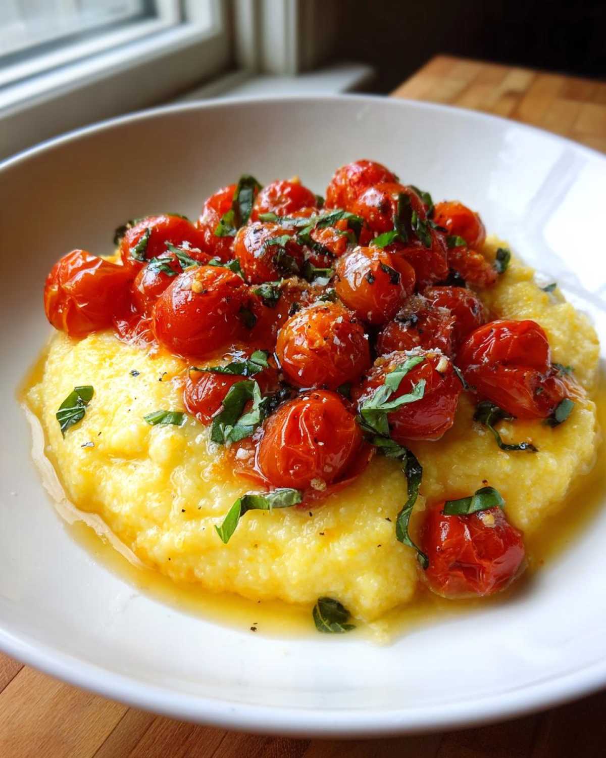 A close-up of creamy Polenta with Burst Tomatoes and Basil served in a white bowl.