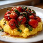 A serving of creamy Polenta with Burst Tomatoes and Basil, drizzled with oil and topped with grated cheese.