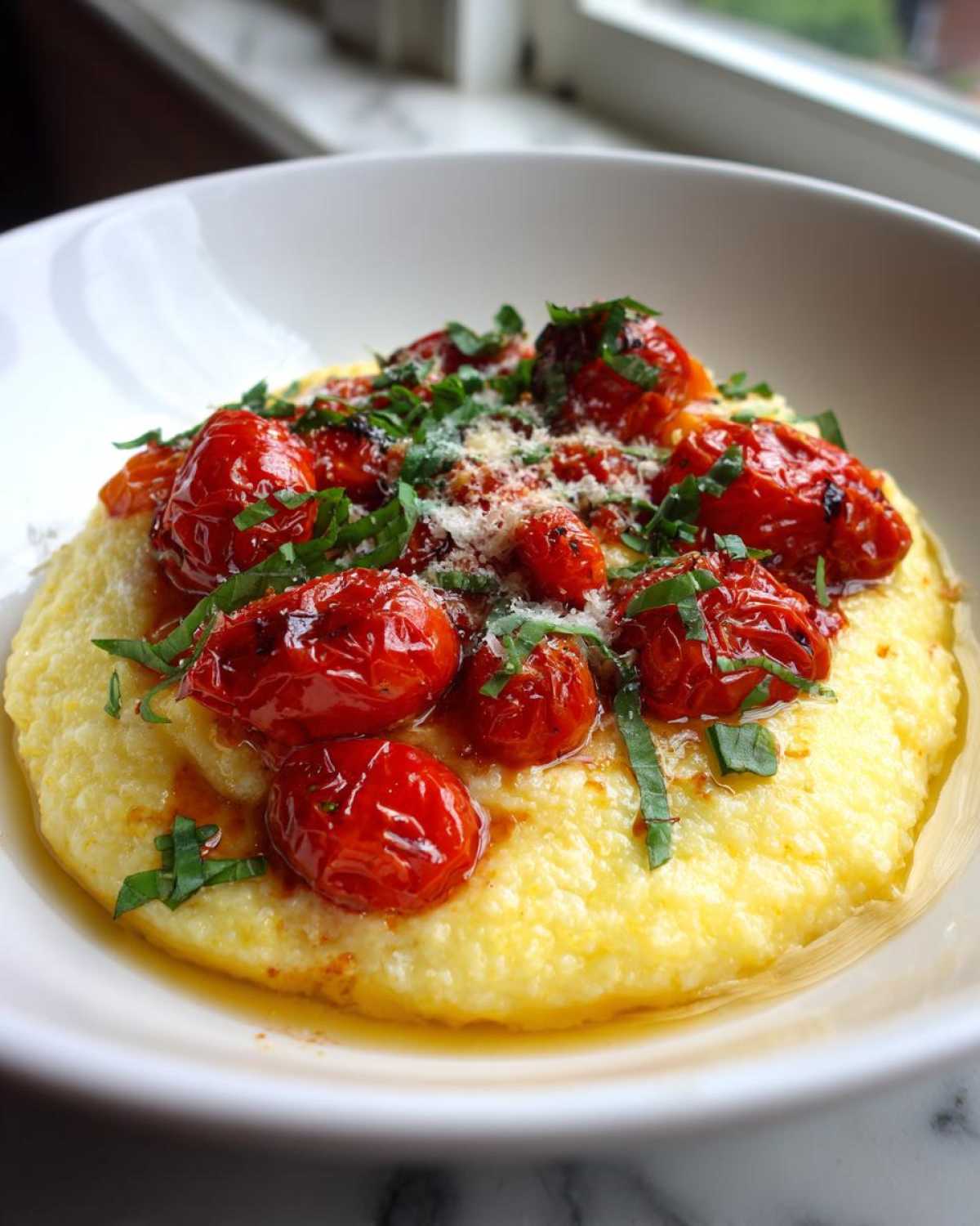 A close-up of creamy Polenta with Burst Tomatoes and Basil, topped with cheese and fresh herbs.