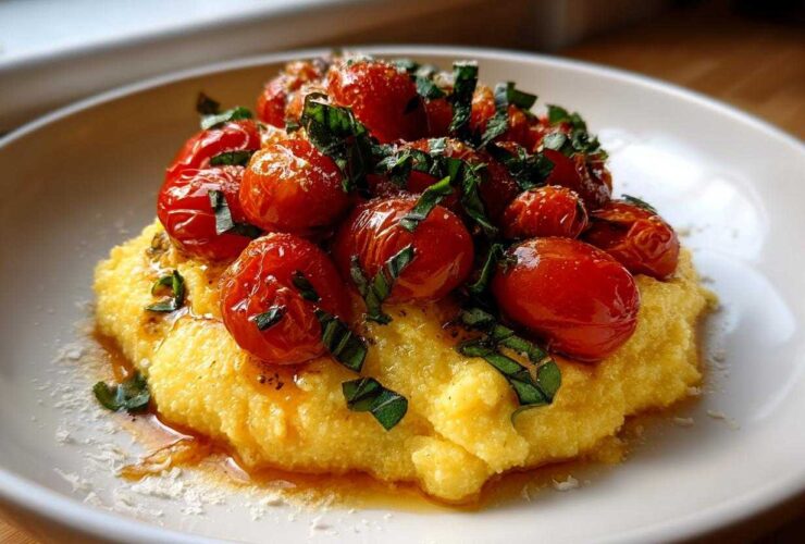 A serving of creamy Polenta with Burst Tomatoes and Basil, drizzled with oil and topped with grated cheese.