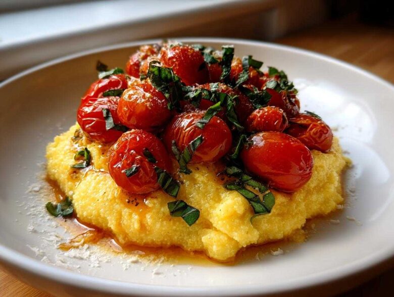 A serving of creamy Polenta with Burst Tomatoes and Basil, drizzled with oil and topped with grated cheese.