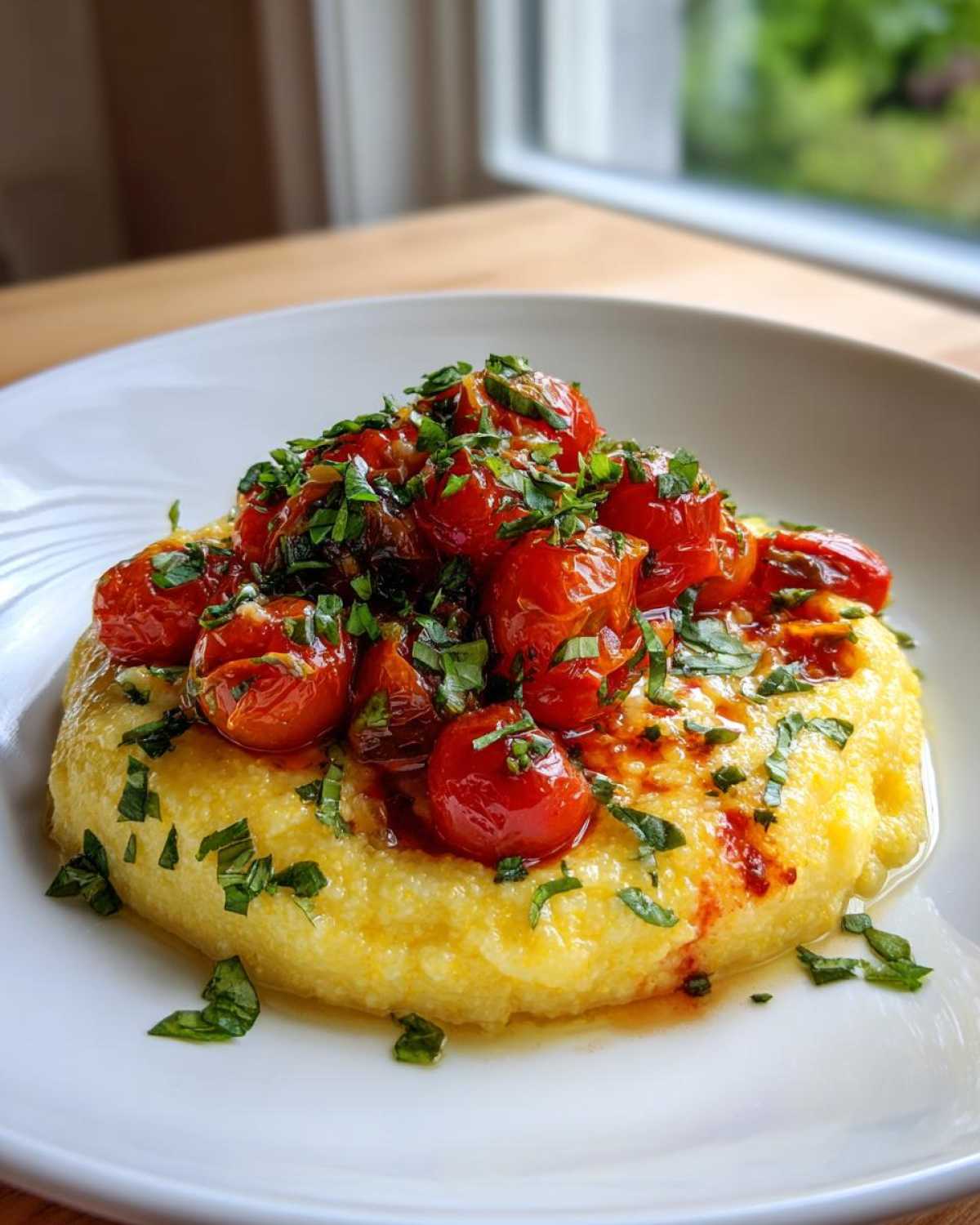 A serving of creamy Polenta with Burst Tomatoes and Basil, garnished with fresh herbs.