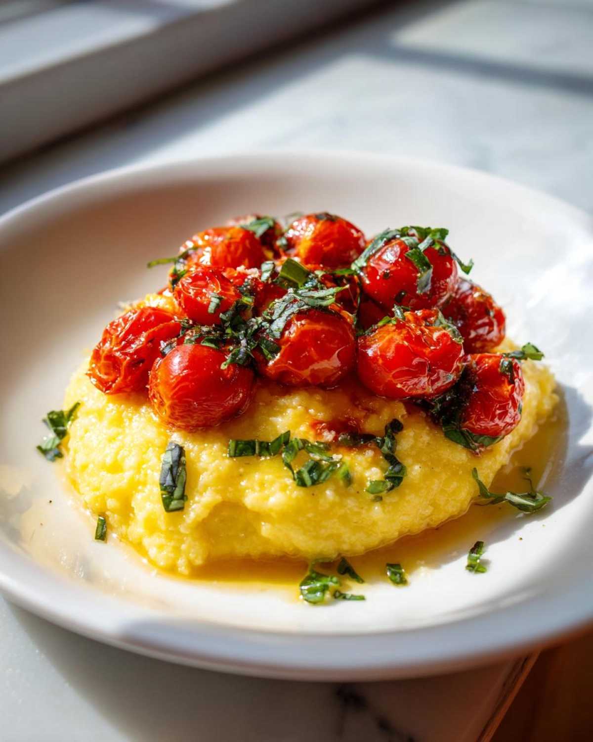 A serving of creamy Polenta with Burst Tomatoes and Basil, garnished with fresh herbs.