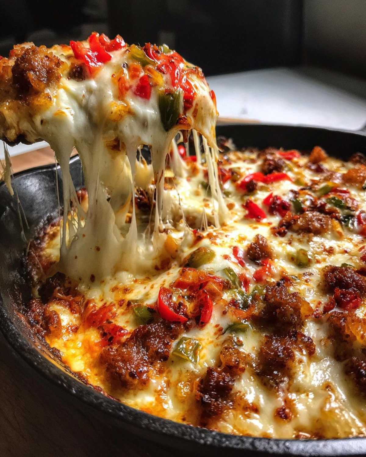 A scoop being lifted from a skillet of hot Queso Fundido with Chorizo and Peppers, showing extreme cheese pull.