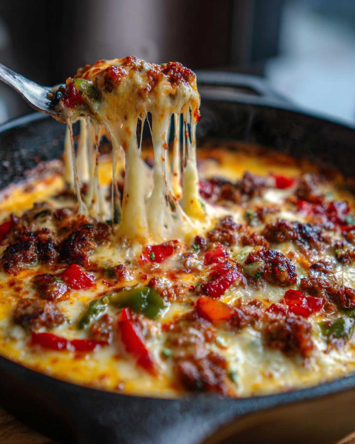 A spoonful of hot Queso Fundido with Chorizo and Peppers being lifted, showing long, melted cheese pulls.