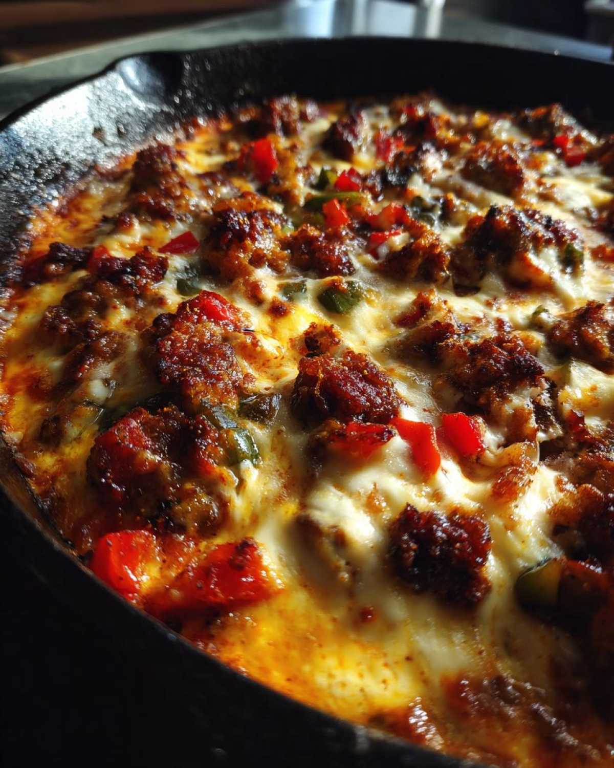 Close-up of bubbling Queso Fundido with Chorizo and Peppers melting in a cast iron skillet.