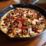 Close-up of bubbling Queso Fundido with Chorizo and Peppers served hot in a black cast iron skillet.