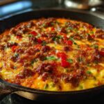 Close-up of bubbling, melted Queso Fundido with Chorizo and diced red peppers in a black cast-iron skillet.
