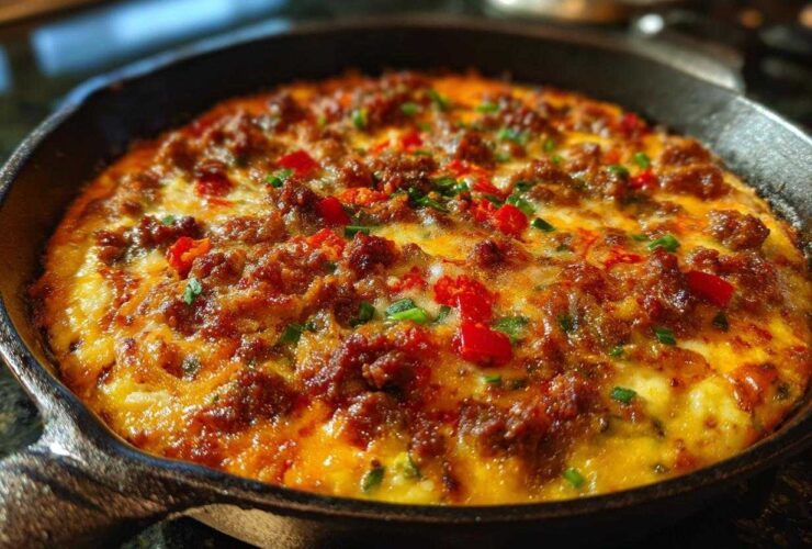Close-up of bubbling, melted Queso Fundido with Chorizo and diced red peppers in a black cast-iron skillet.