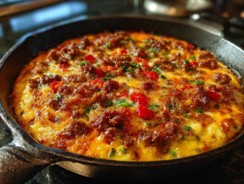 Close-up of bubbling, melted Queso Fundido with Chorizo and diced red peppers in a black cast-iron skillet.