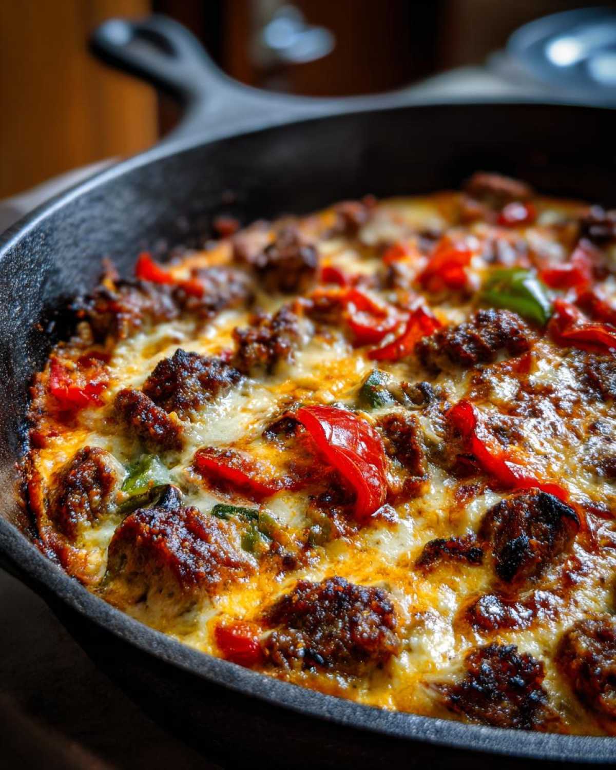 Close-up of bubbling Queso Fundido with Chorizo and peppers baked in a cast iron skillet.