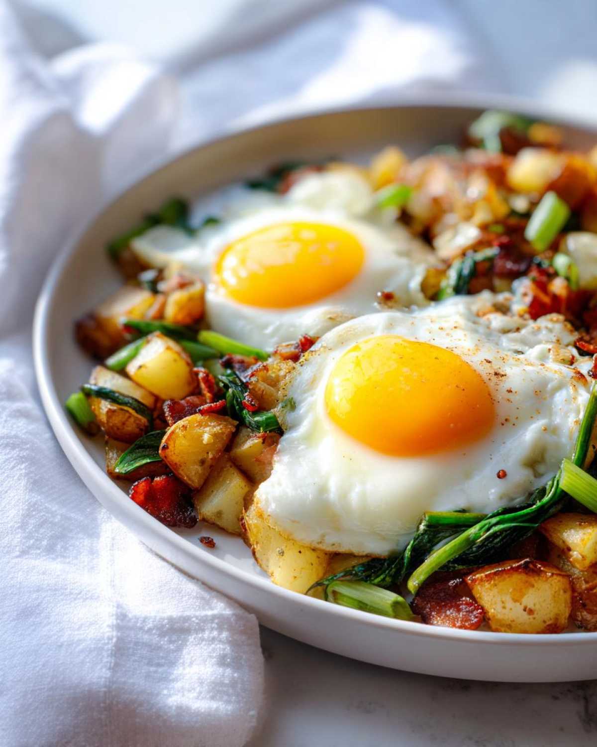 Close-up of Ramps and Potato Breakfast Hash topped with two perfectly cooked sunny-side-up eggs.