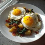 Two sunny-side-up eggs served atop a hearty Ramps and Potato Breakfast Hash with greens and bacon bits.