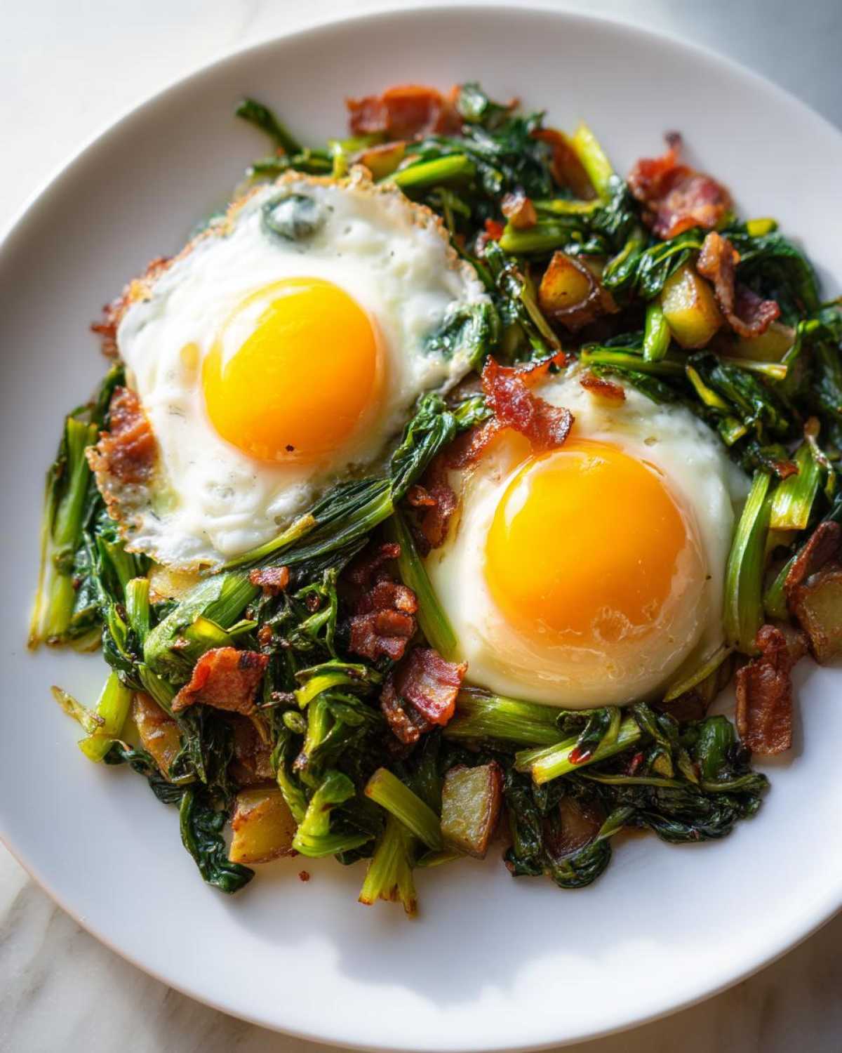 Two sunny-side-up eggs topping a vibrant Ramps and Potato Breakfast Hash with crispy bacon pieces.