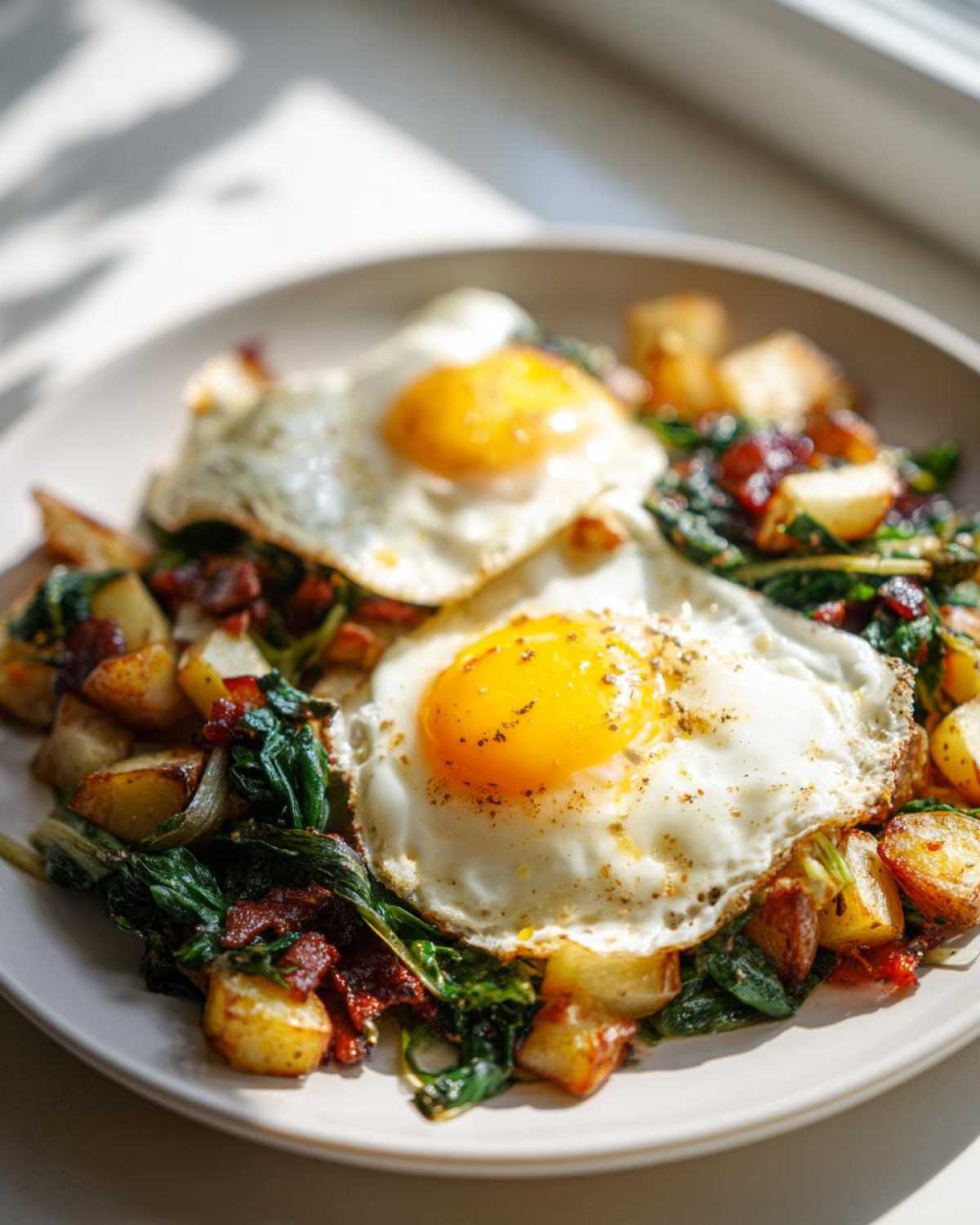 A plate of Ramps and Potato Breakfast Hash topped with two perfectly cooked sunny-side-up eggs.