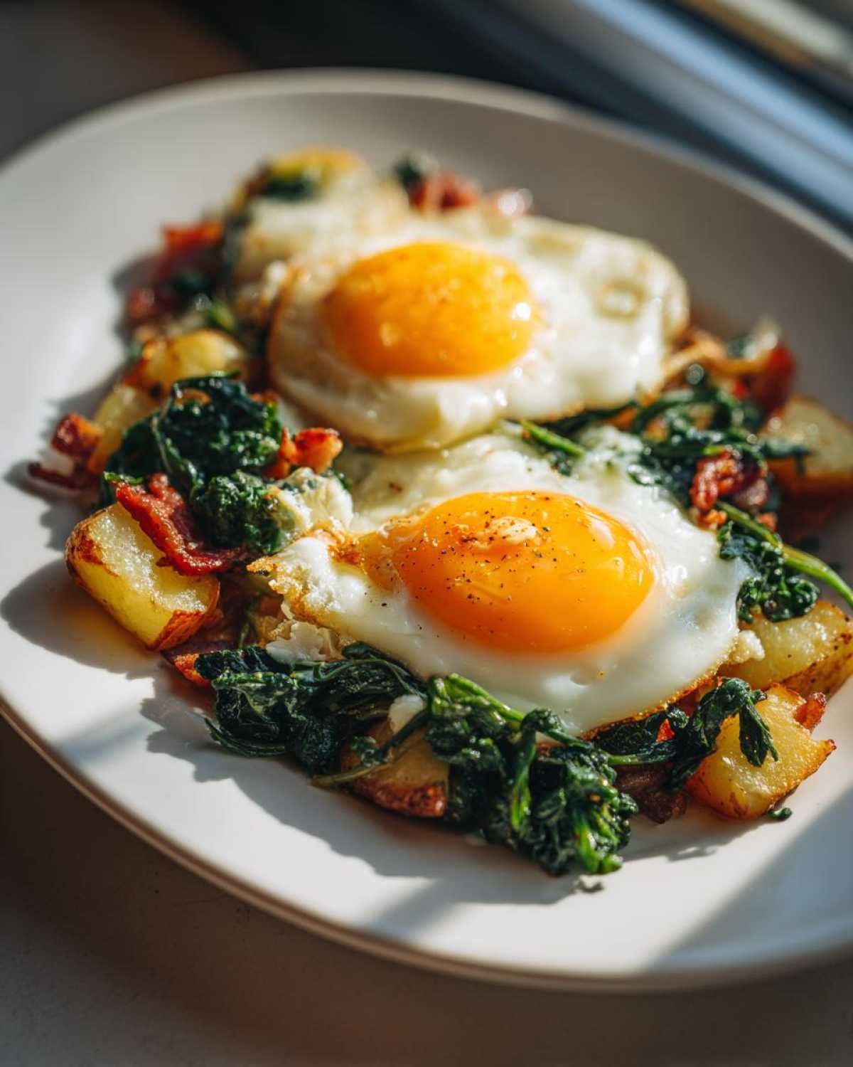 Two sunny-side-up eggs served over a hearty Ramps and Potato Breakfast Hash with greens and bacon.
