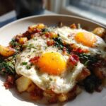 Two sunny-side-up eggs topping a hearty serving of Ramps and Potato Breakfast Hash with bacon bits.