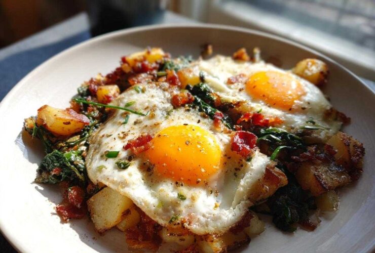 Two sunny-side-up eggs topping a hearty serving of Ramps and Potato Breakfast Hash with bacon bits.