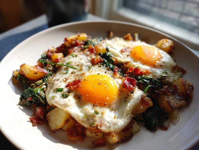 Two sunny-side-up eggs topping a hearty serving of Ramps and Potato Breakfast Hash with bacon bits.