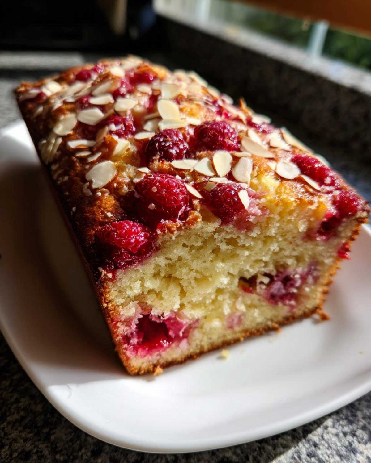 A close-up of a slice of Raspberry Almond Olive Oil Cake loaf, topped with fresh raspberries and slivered almonds.
