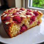 A close-up of a moist slice of Raspberry Almond Olive Oil Cake topped with fresh raspberries and slivered almonds.