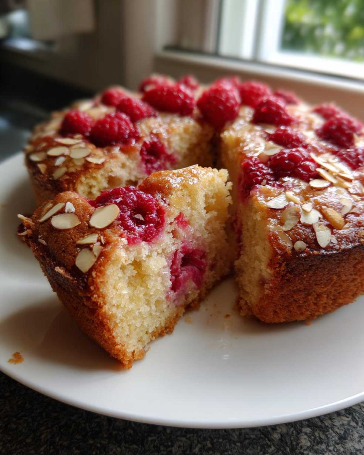 A slice cut from a moist Raspberry Almond Olive Oil Cake, topped with fresh raspberries and slivered almonds.
