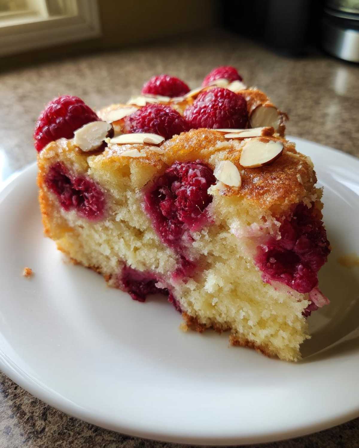 Close-up of a moist slice of Raspberry Almond Olive Oil Cake topped with fresh raspberries and slivered almonds.