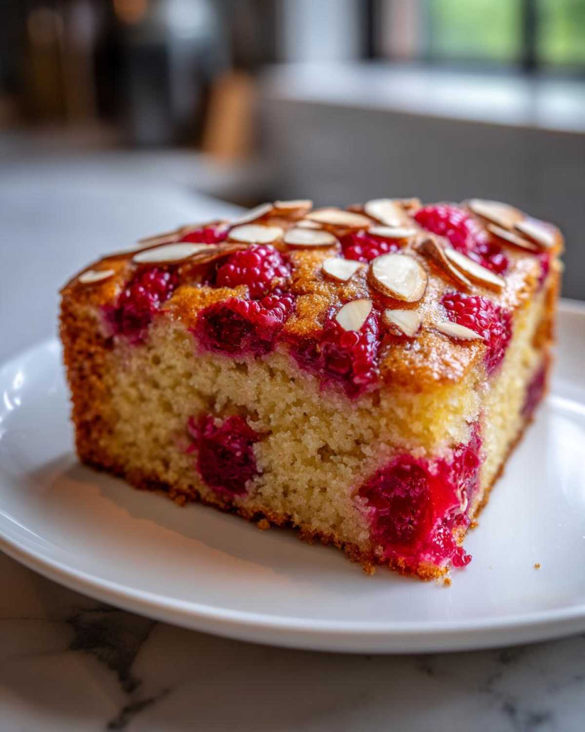 A close-up of a moist slice of Raspberry Almond Olive Oil Cake topped with fresh raspberries and sliced almonds.