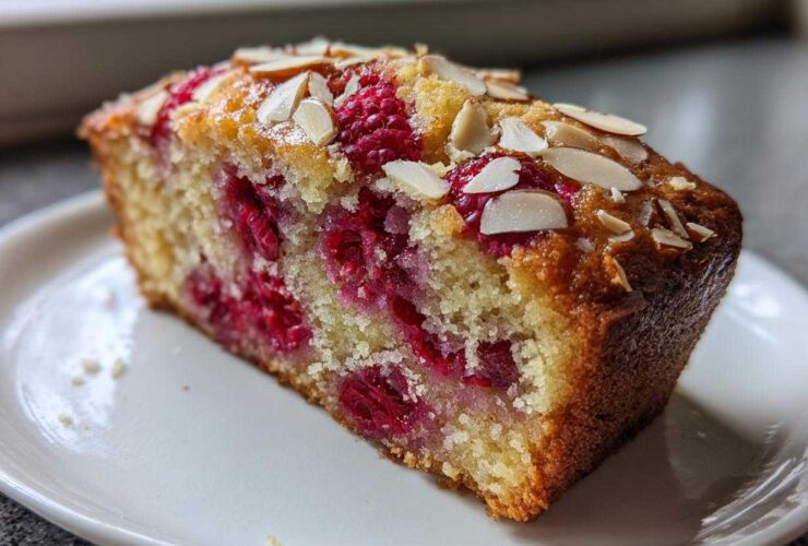 A close-up of a moist slice of Raspberry Almond Olive Oil Cake studded with bright red raspberries and topped with sliced almonds.