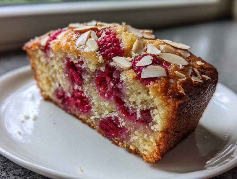 A close-up of a moist slice of Raspberry Almond Olive Oil Cake studded with bright red raspberries and topped with sliced almonds.