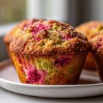 A close-up of a golden-brown Raspberry Pistachio Muffin topped with coarse sugar crystals, showing vibrant pink raspberry and green pistachio swirls inside.