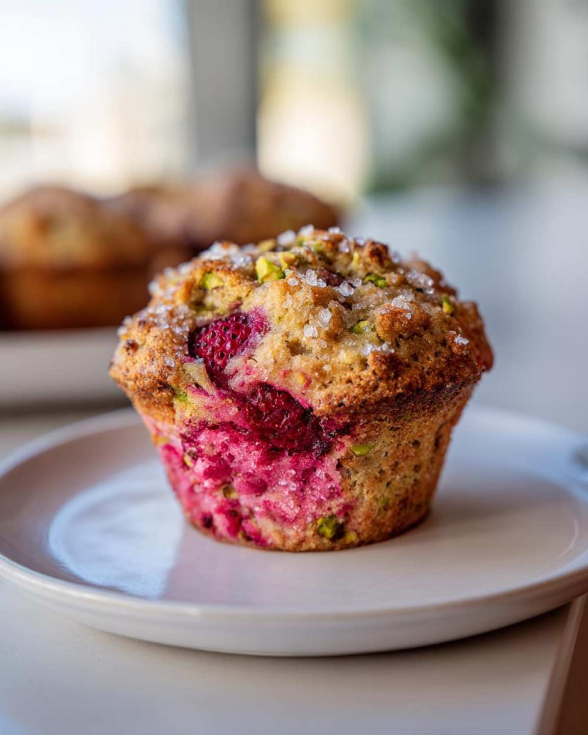 A single, golden-brown Raspberry Pistachio Muffins, featuring bright pink raspberry filling and topped with coarse sugar and chopped pistachios.