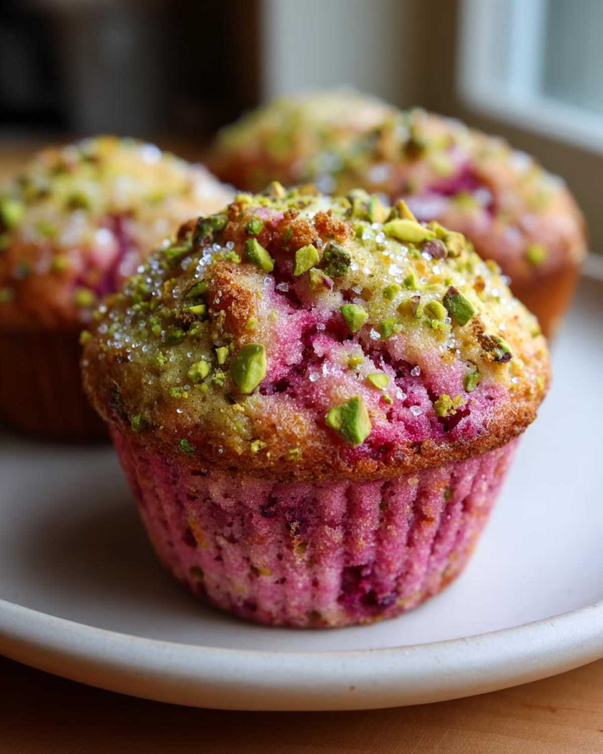 Close-up of a vibrant Raspberry Pistachio Muffin topped with chopped pistachios and coarse sugar crystals.