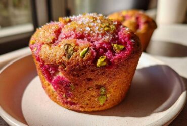 A close-up of a freshly baked Raspberry Pistachio Muffin topped with coarse sugar and green pistachio pieces.