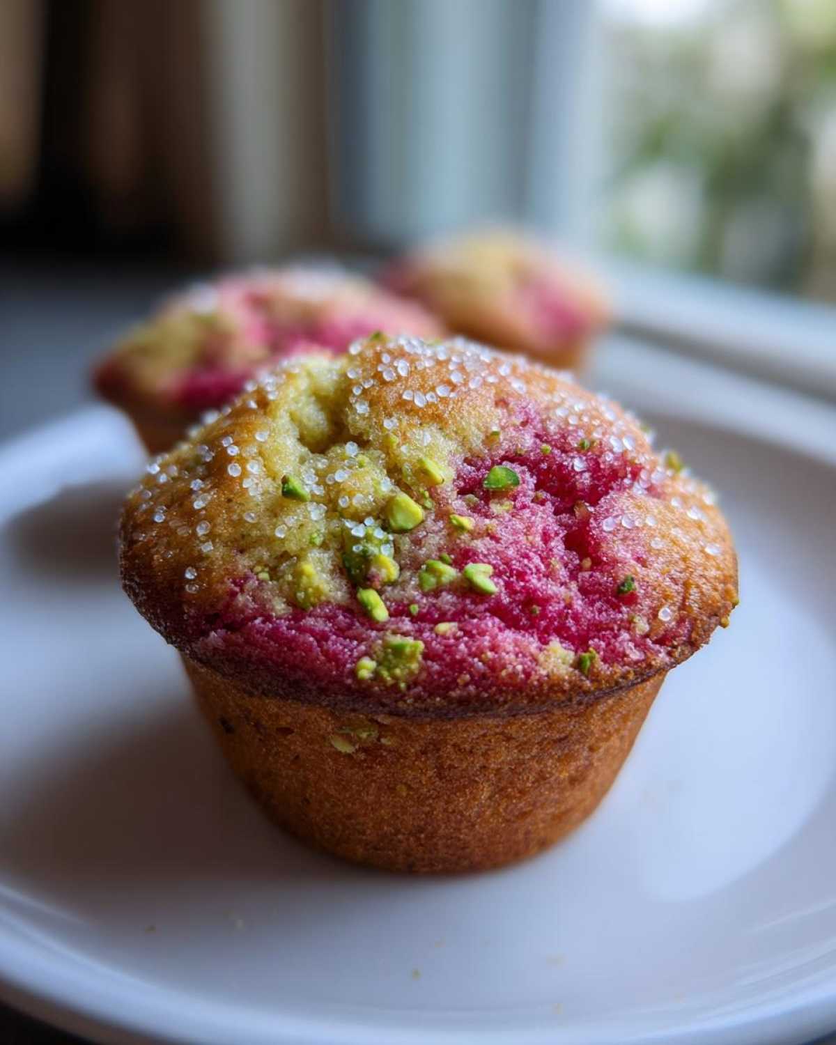 A close-up of a freshly baked Raspberry Pistachio Muffin topped with coarse sugar and chopped green pistachios.