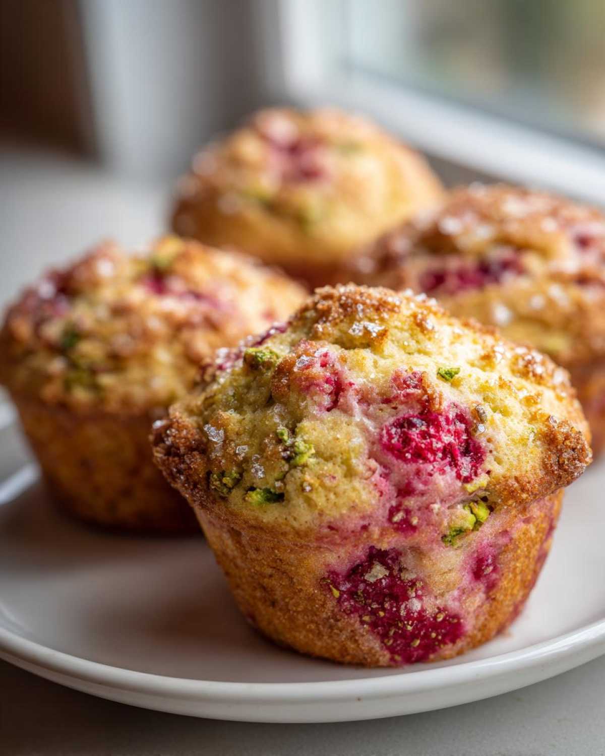 A close-up of freshly baked Raspberry Pistachio Muffins topped with coarse sugar, showing bright pink raspberry swirls and green pistachio pieces.