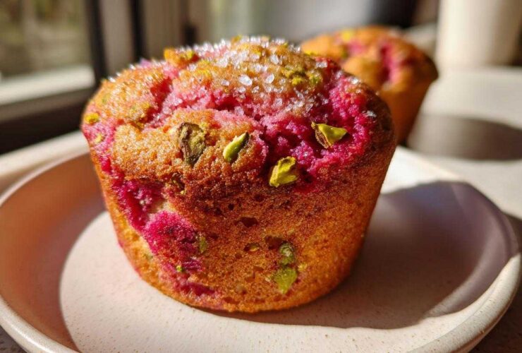 A close-up of a freshly baked Raspberry Pistachio Muffin topped with coarse sugar and green pistachio pieces.