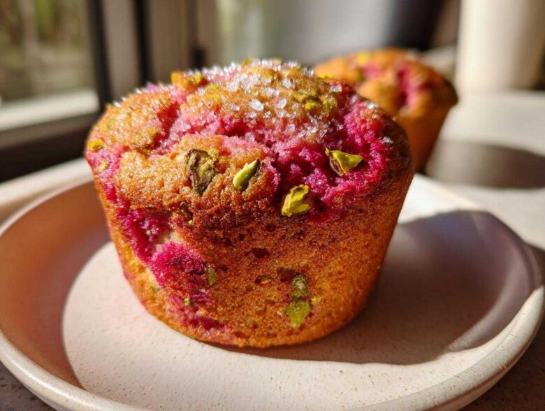 A close-up of a freshly baked Raspberry Pistachio Muffin topped with coarse sugar and green pistachio pieces.