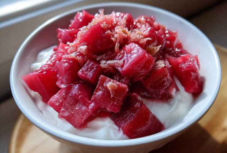 Close-up of bright pink Rhubarb Ginger Compote for Yogurt served in a white bowl.