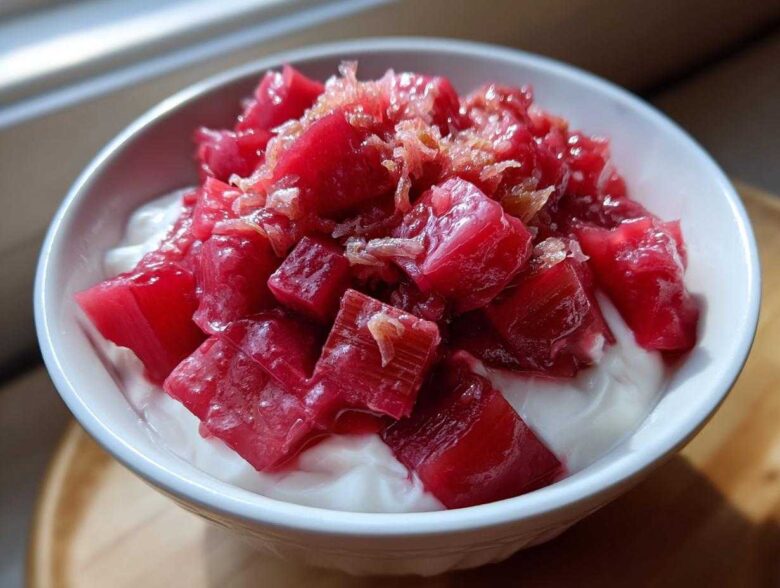Close-up of bright pink Rhubarb Ginger Compote for Yogurt served in a white bowl.