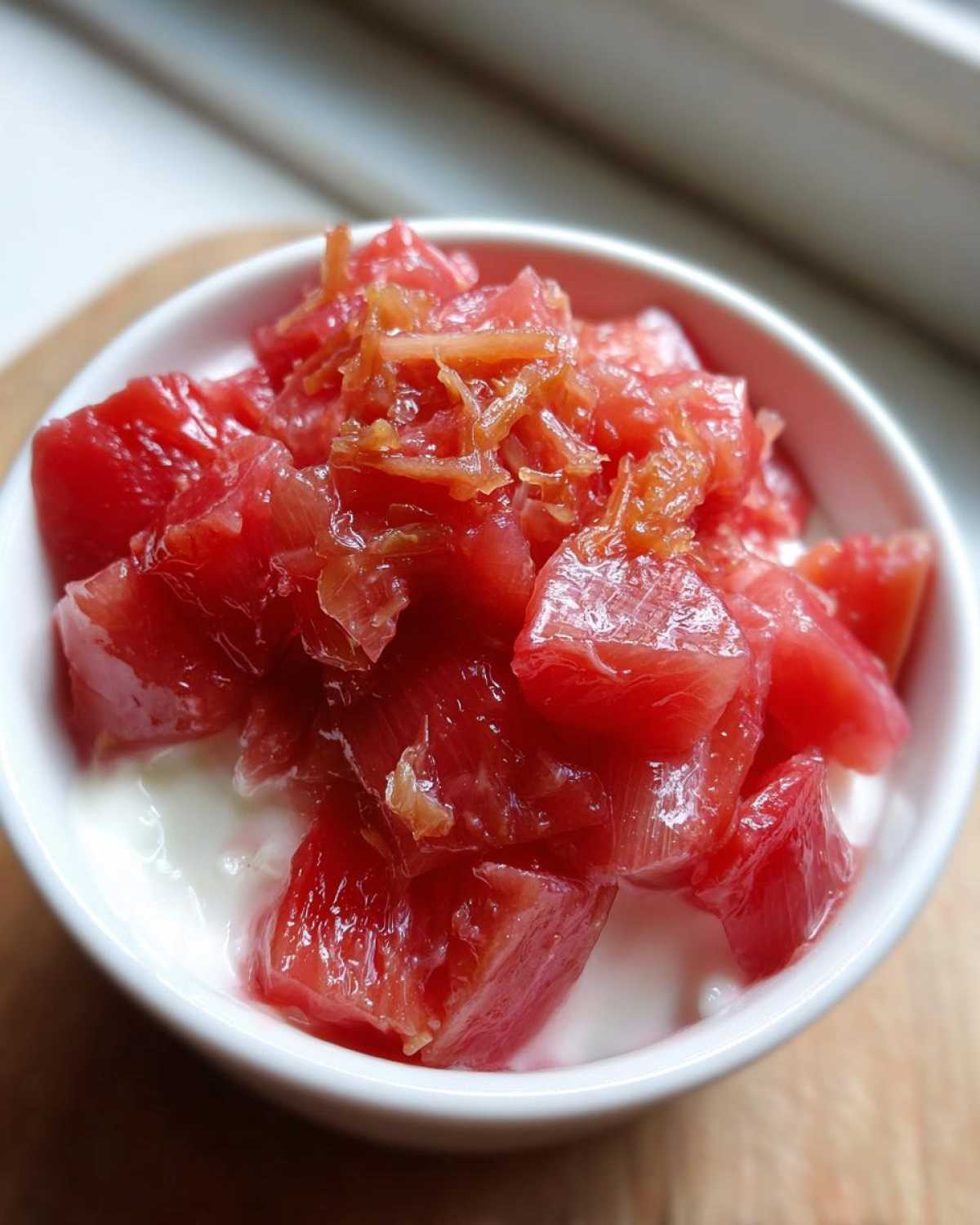 Close-up of vibrant pink Rhubarb Ginger Compote for Yogurt served in a small white bowl.
