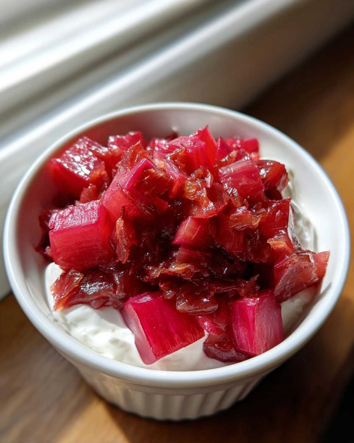 Bright pink Rhubarb Ginger Compote for Yogurt served over a dollop of white yogurt in a small white ramekin.