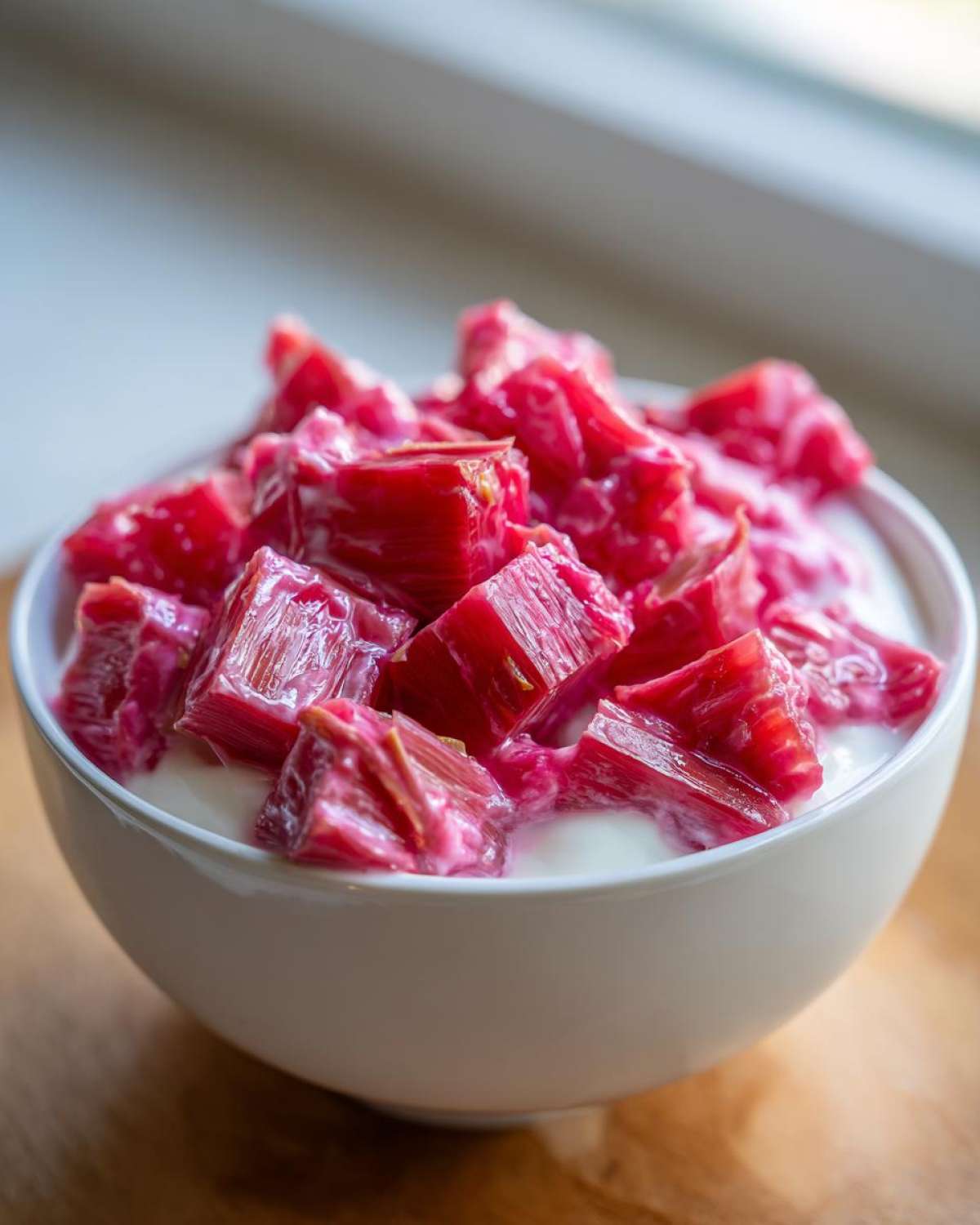 Close-up of bright pink rhubarb ginger compote chunks served over white yogurt in a bowl.