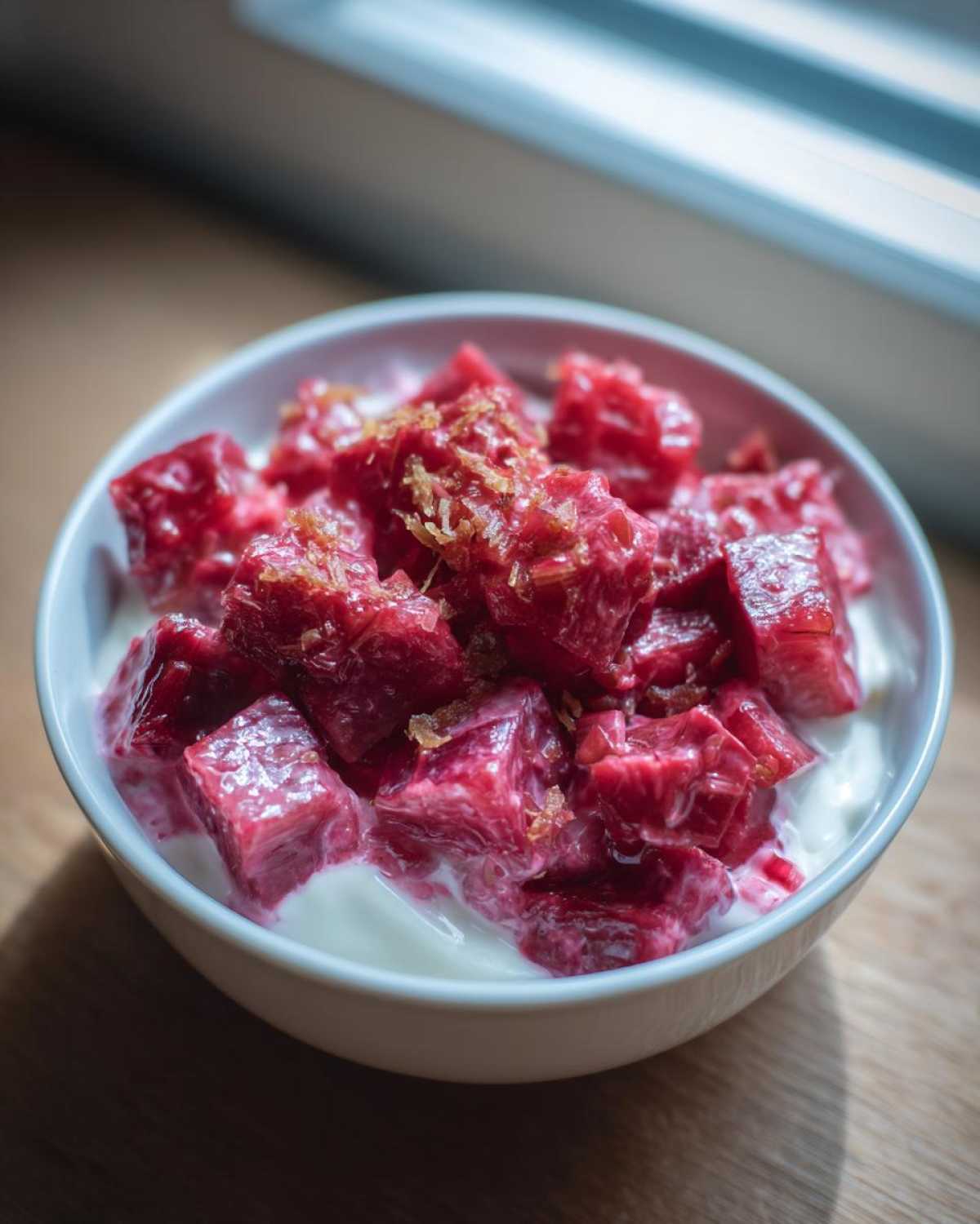 Close-up of bright pink Rhubarb Ginger Compote for Yogurt, featuring chunks of rhubarb over white yogurt, topped with ginger zest.