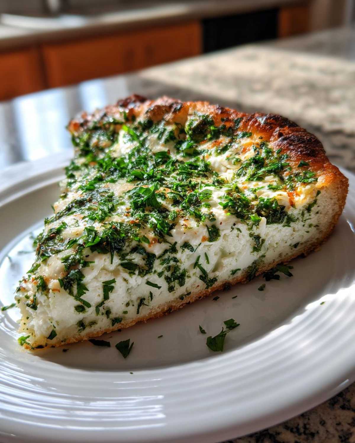A thick slice of Ricotta Herb Brunch Pizza topped generously with fresh green herbs on a white plate.