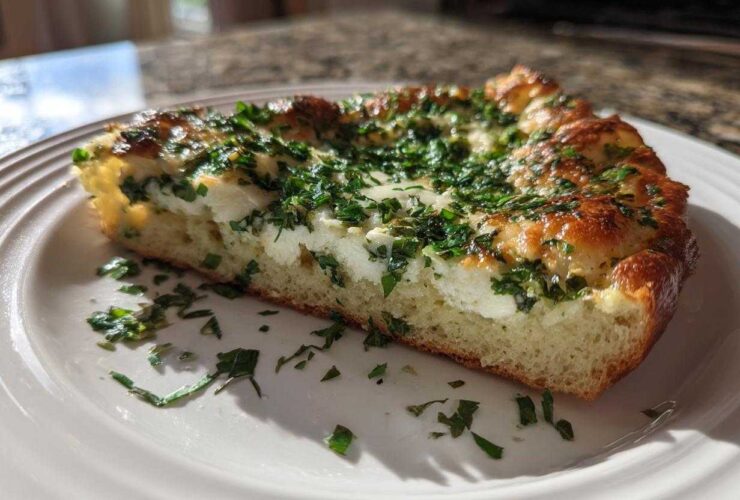 A thick slice of Ricotta Herb Brunch Pizza showing a fluffy crust, creamy ricotta, and a generous topping of fresh green herbs.