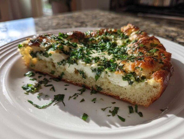 A thick slice of Ricotta Herb Brunch Pizza showing a fluffy crust, creamy ricotta, and a generous topping of fresh green herbs.
