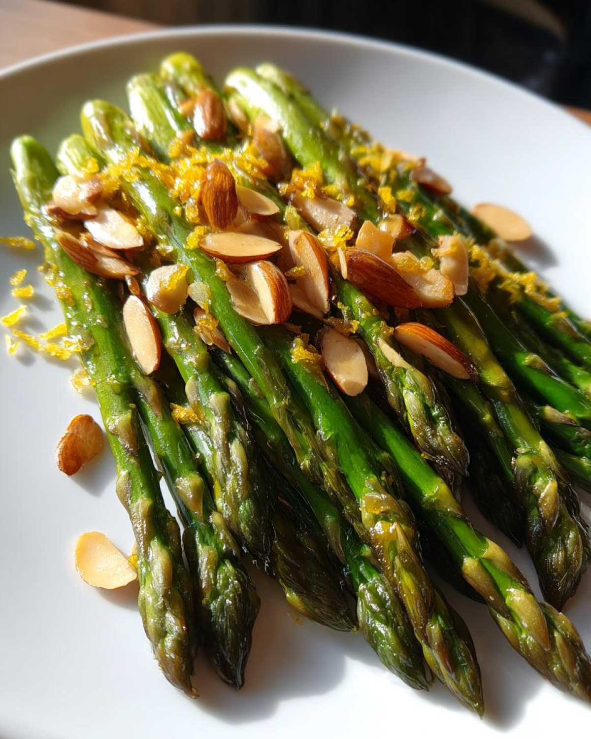 Bright green roasted asparagus topped with sliced almonds and lemon zest, ready to serve.