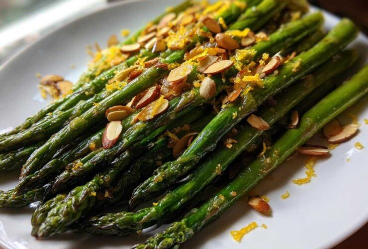 Close-up of bright green Roasted Asparagus with Almond Crunch, topped with slivered almonds and orange zest.