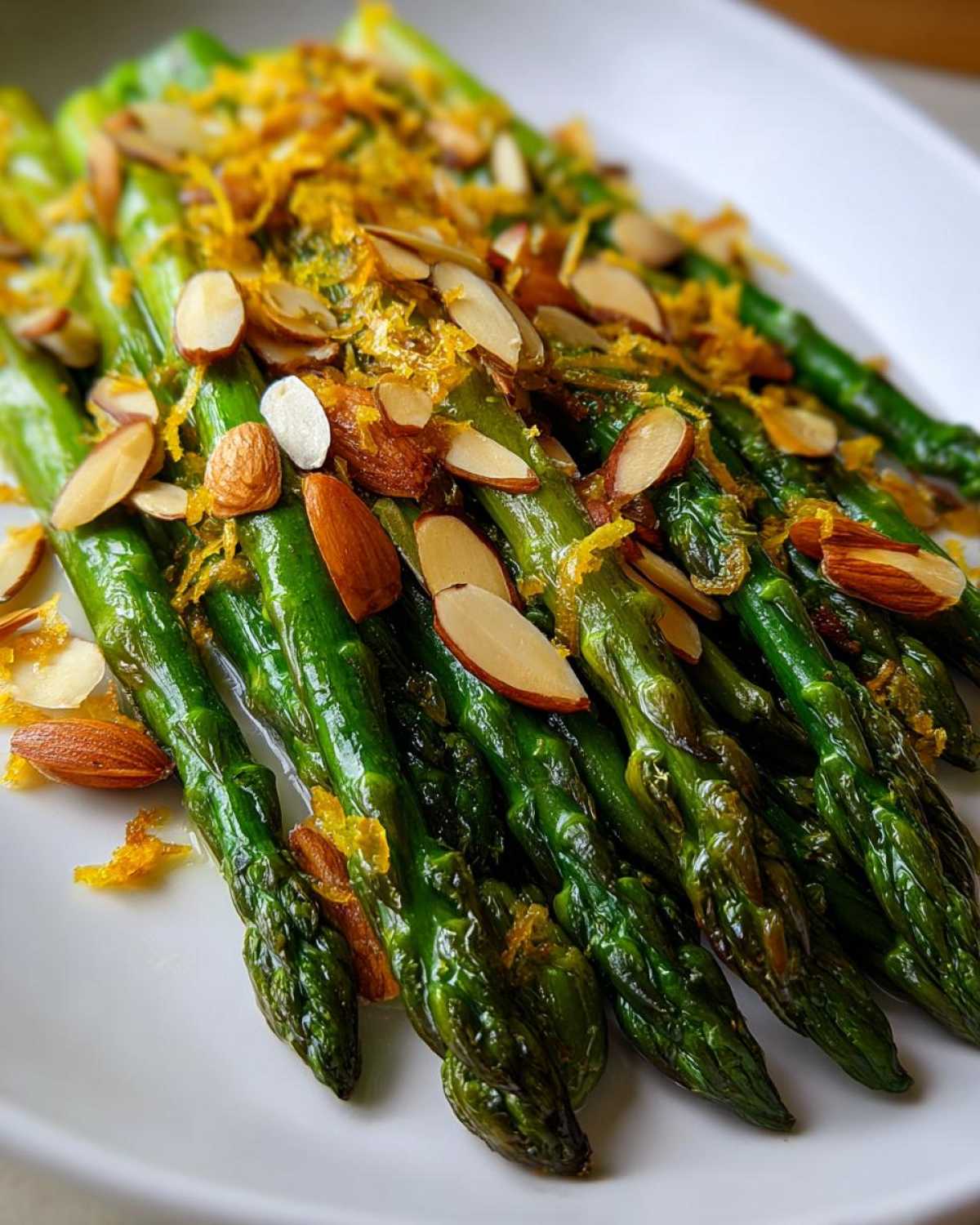 Close-up of vibrant green Roasted Asparagus with Almond Crunch, topped with slivered almonds and orange zest.